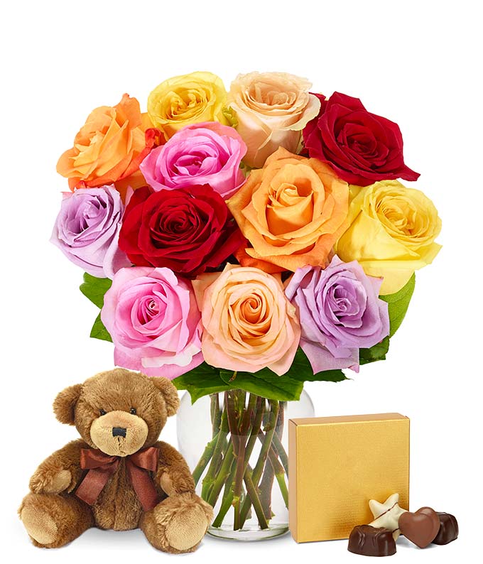 One Dozen Rainbow Roses + Chocolate + Bear